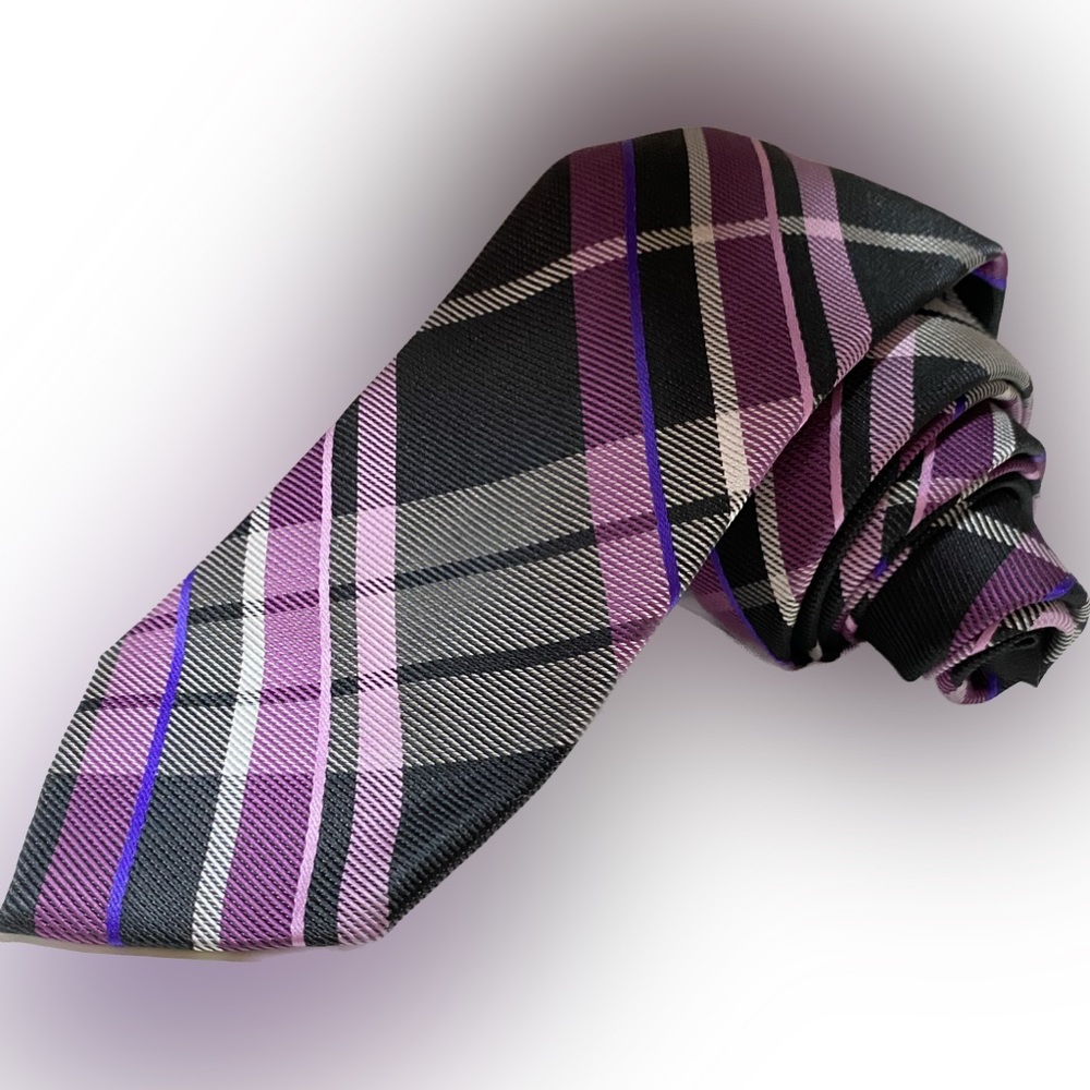 Little Black Tie Plaid Pattern Slim Tie Black Purple White